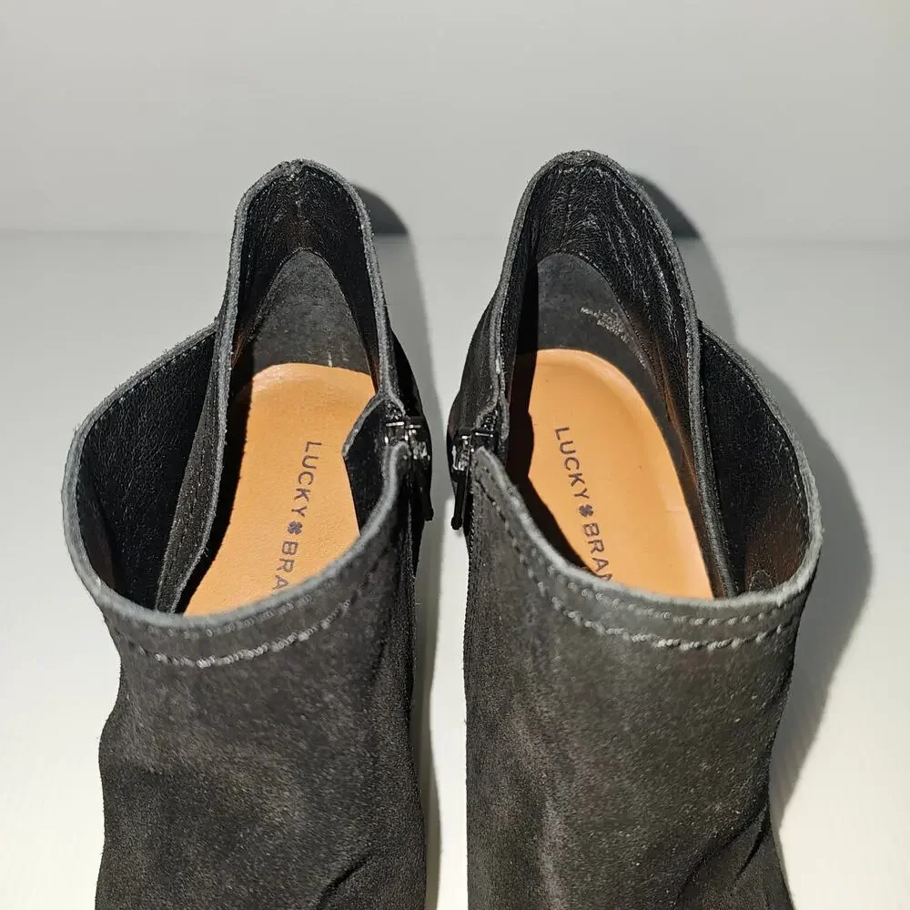 Lucky Brand Macawi Wedge Ankle Bootie Womens 9 Black Suede Square Toe Casual